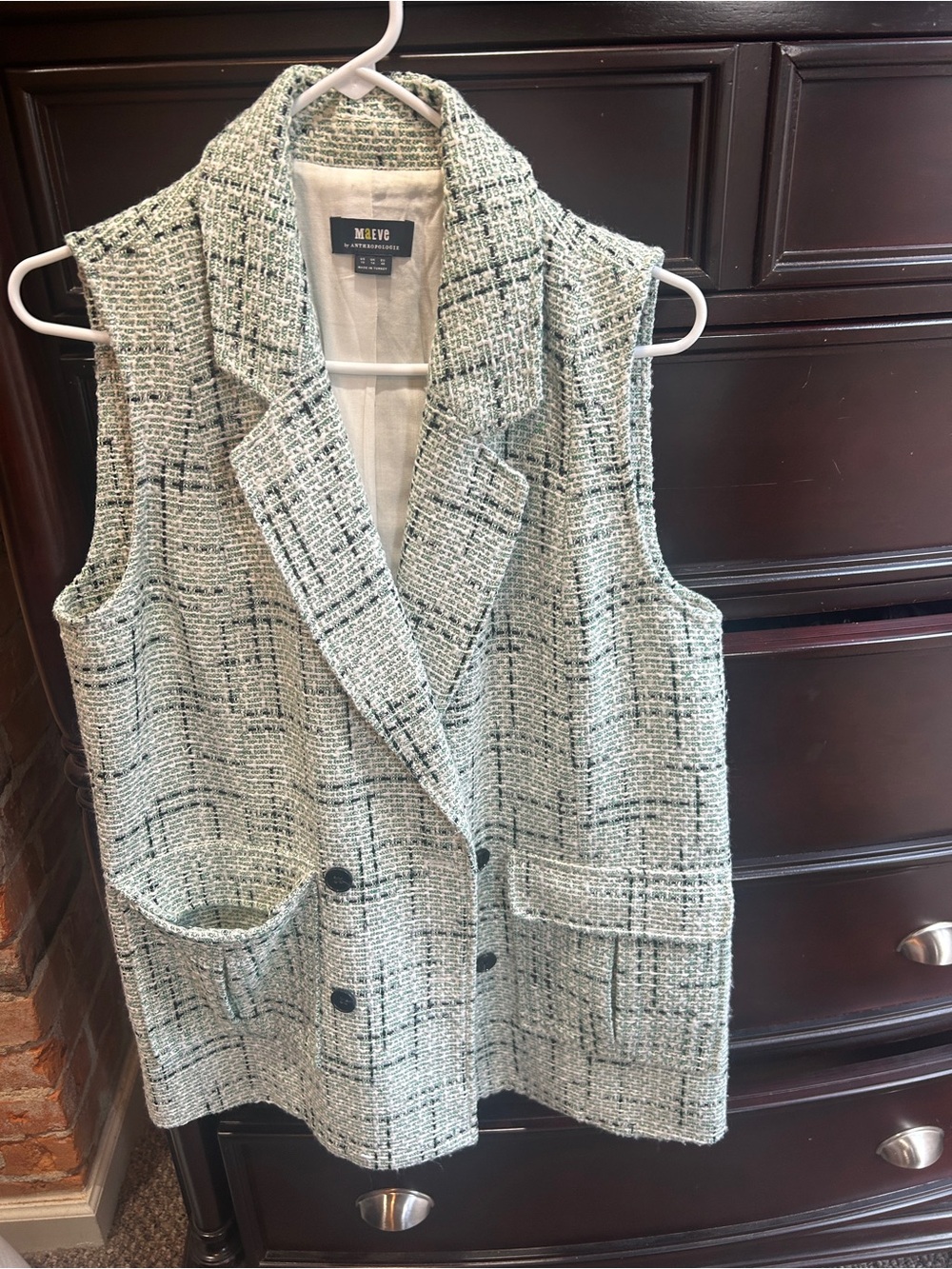 Anthropologie Tweed Sleeveless Blazer Vest in Mint and Ivory